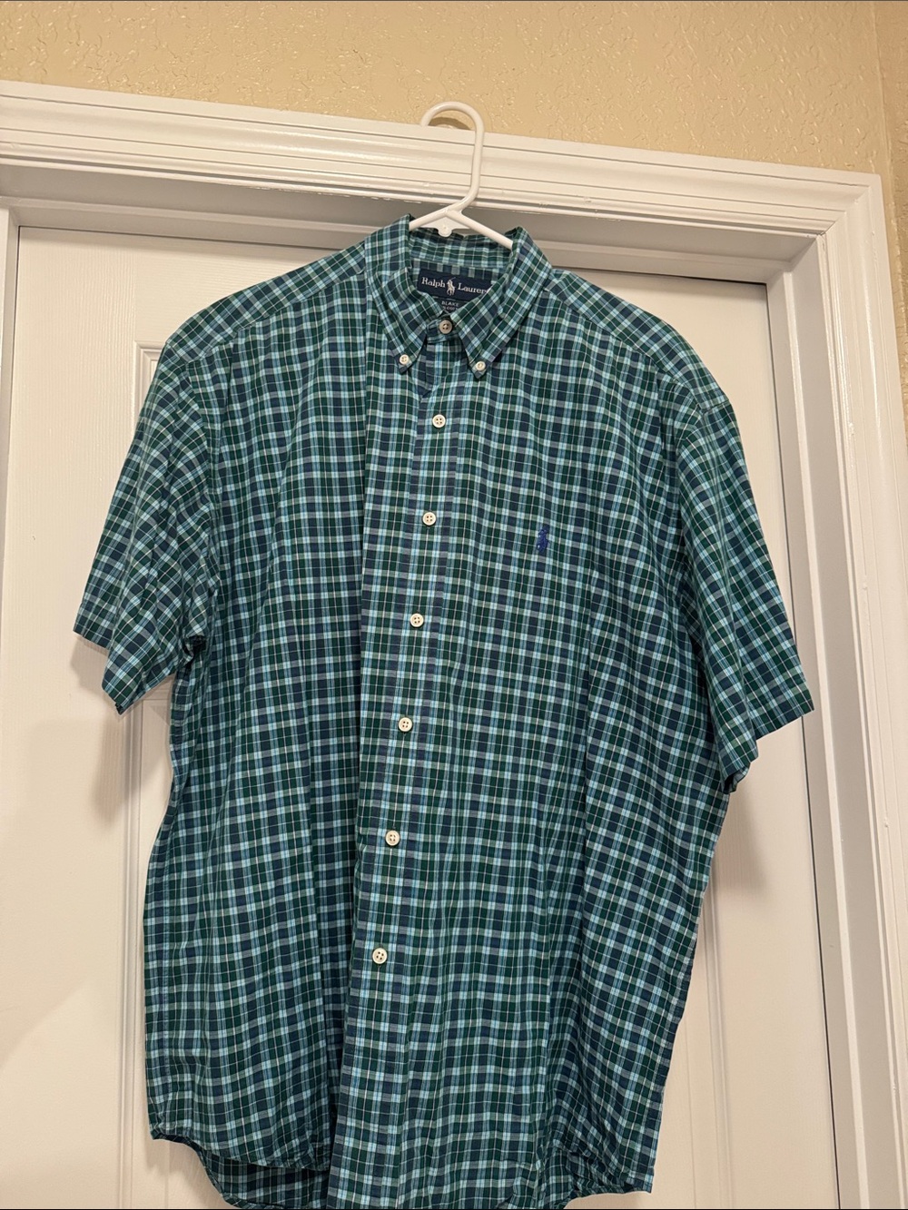 Ralph Lauren Teal and Navy Plaid Short-Sleeve Button-Down Shirt